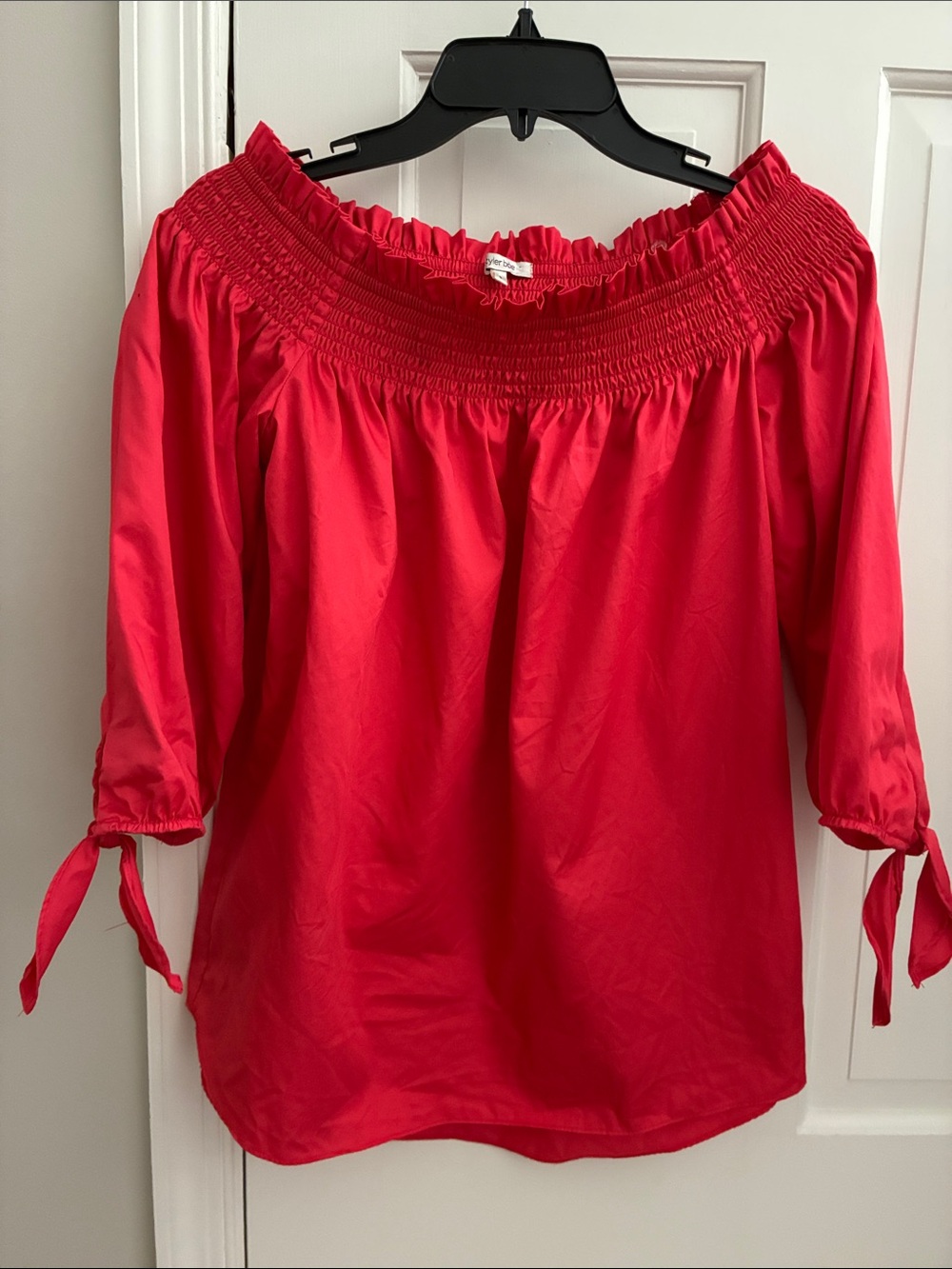 Tyler Boe Women’s Off-Shoulder Red Blouse - Classic Smocked Neck - small- cotton
